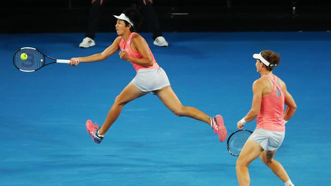 MELBOURNE, AUSTRALIA - JANUARY 23: Shuai Zhan of China and Samantha Stosur of Australia in the women's semi final match against Barbora Strycova and Marketa Vondrousova of the Czech Republic  during day 10 of the 2019 Australian Open at Melbourne Park on January 23, 2019 in Melbourne, Australia.]. (Photo by Michael Dodge/Getty Images)