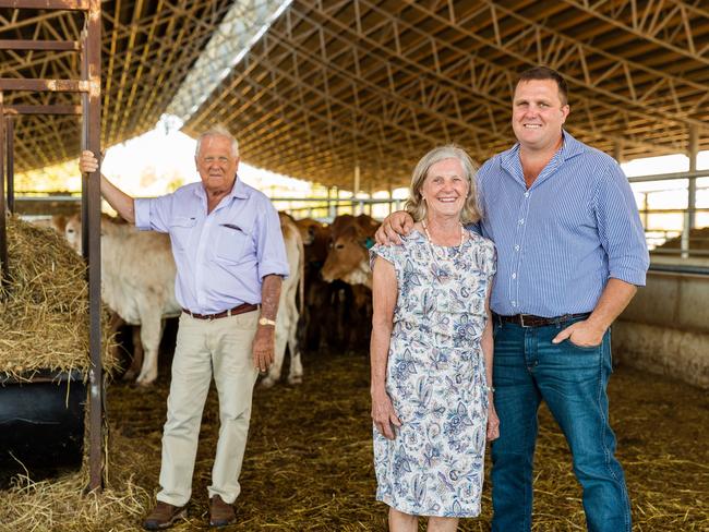 Victorious live cattle export ban class action litigants Colin Brett and his wife Alison Brett with son Hamish Brett, who now runs the family's Brett Cattle Co. operation at Waterloo Station in the Northern Territory. The group are pictured at live cattle export yards in Darwin.