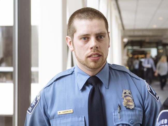 Minneapolis Police Officer, Matthew Harrity returns to the Hennepin County Government Center after a lunch break on the 8th day of testimony in Mohamed Noor's trial. Picture: Angus Mordant for News Corp Australia