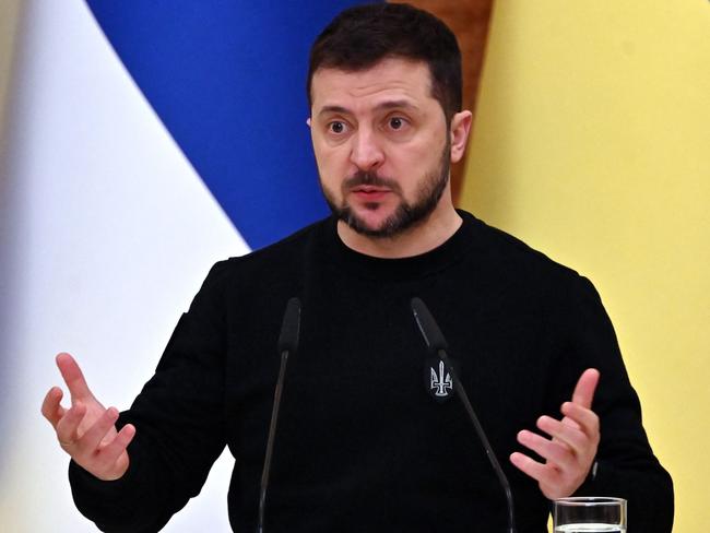 Ukrainian President Volodymyr Zelenskyy at a press conference in Kyiv amid Russia's military invasion on Ukraine. Picture: AFP