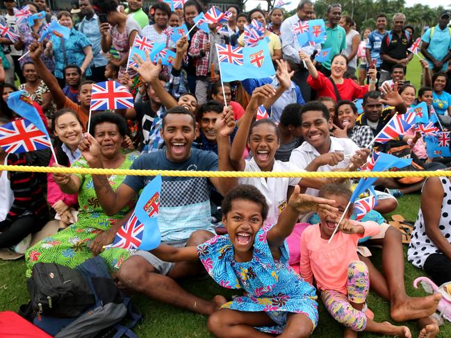 Crowds gather for the arrival of The Duke and Duchess of Sussex, Prince Harry and Meghan at Prince Albert Park in Suva for their traditional welcome to Fiji. Picture: Nathan Edwards.