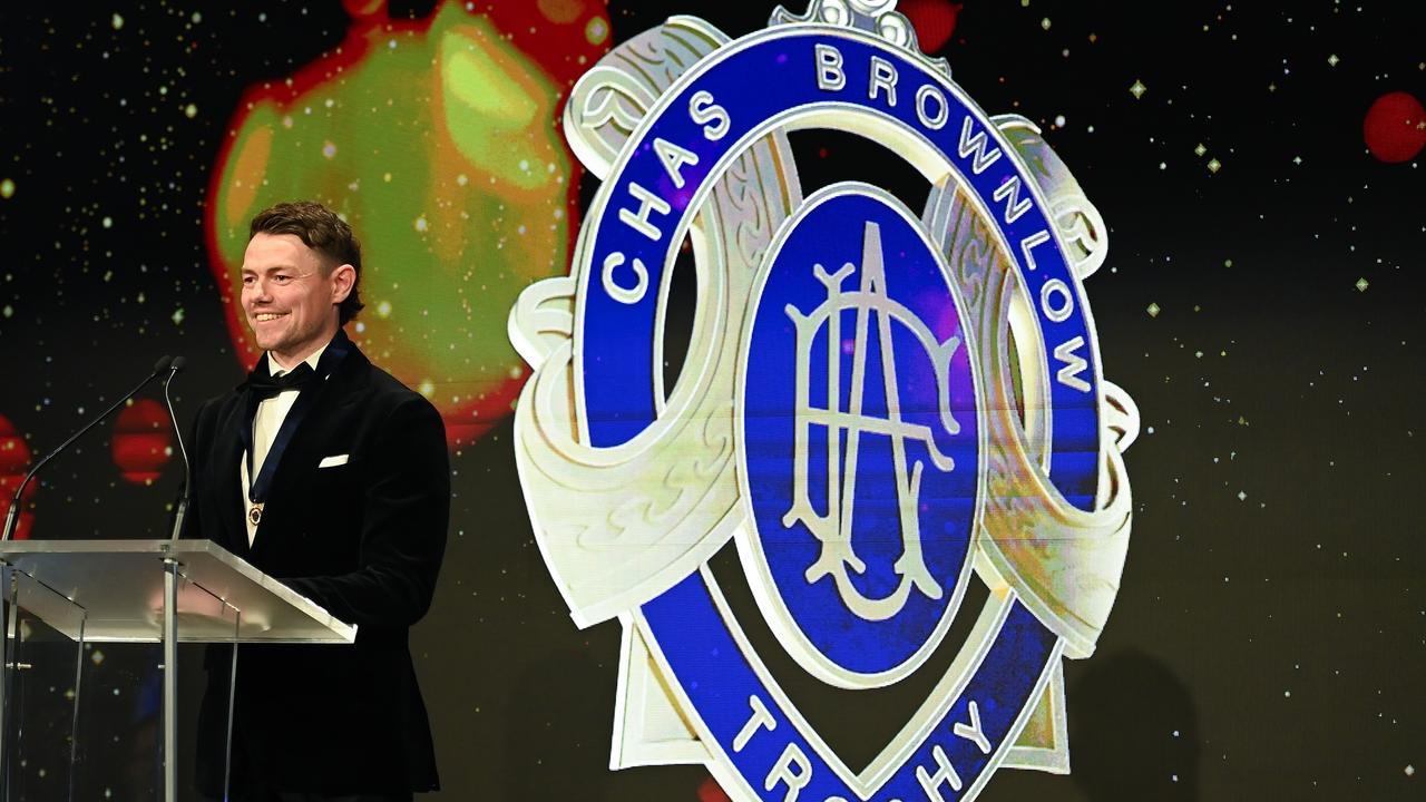 BRISBANE, AUSTRALIA - SEPTEMBER 25: Lachie Neale of the Lions gives a speech after being awarded with the Brownlow Medal during the 2023 Brownlow Medal at The Gabba on September 25, 2023 in Brisbane, Australia. (Photo by Albert Perez/AFL Photos via Getty Images)