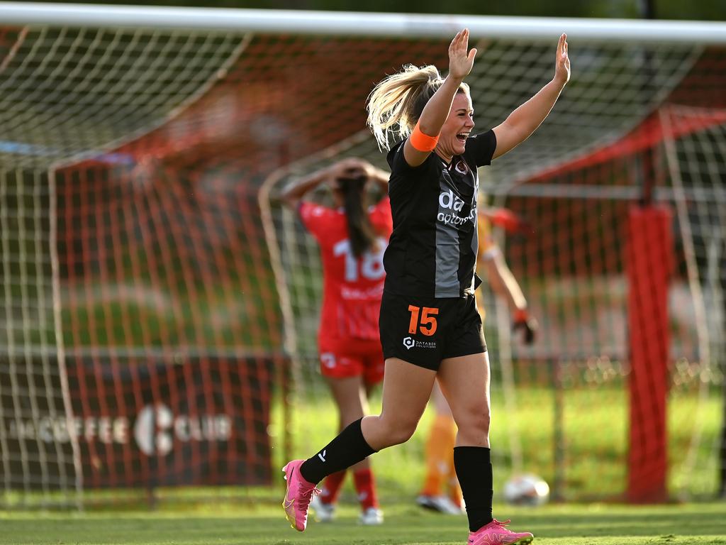 Sofie Persson of Eastern Suburbs celebrates scoring a goal during the round 1 NPL Women match between Olympic FC and Eastern Suburbs at Goodwin Park on February 11, 2024 in Brisbane, Australia. Picture: Alberto Omar Perera Perez/Eastern Suburbs.