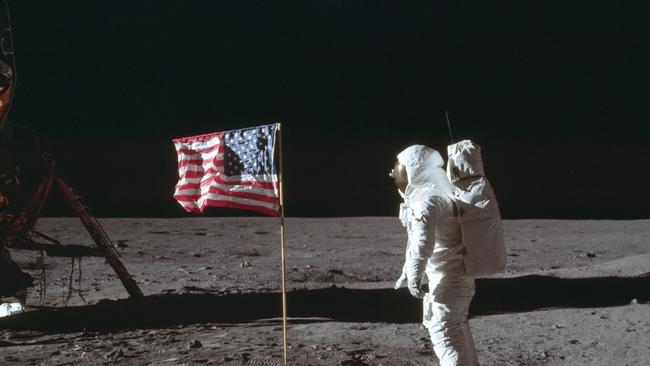 July, 1969: Astronaut Buzz Aldrin poses for a photograph beside the US flag on the moon during the Apollo 11 mission. Picture: AP