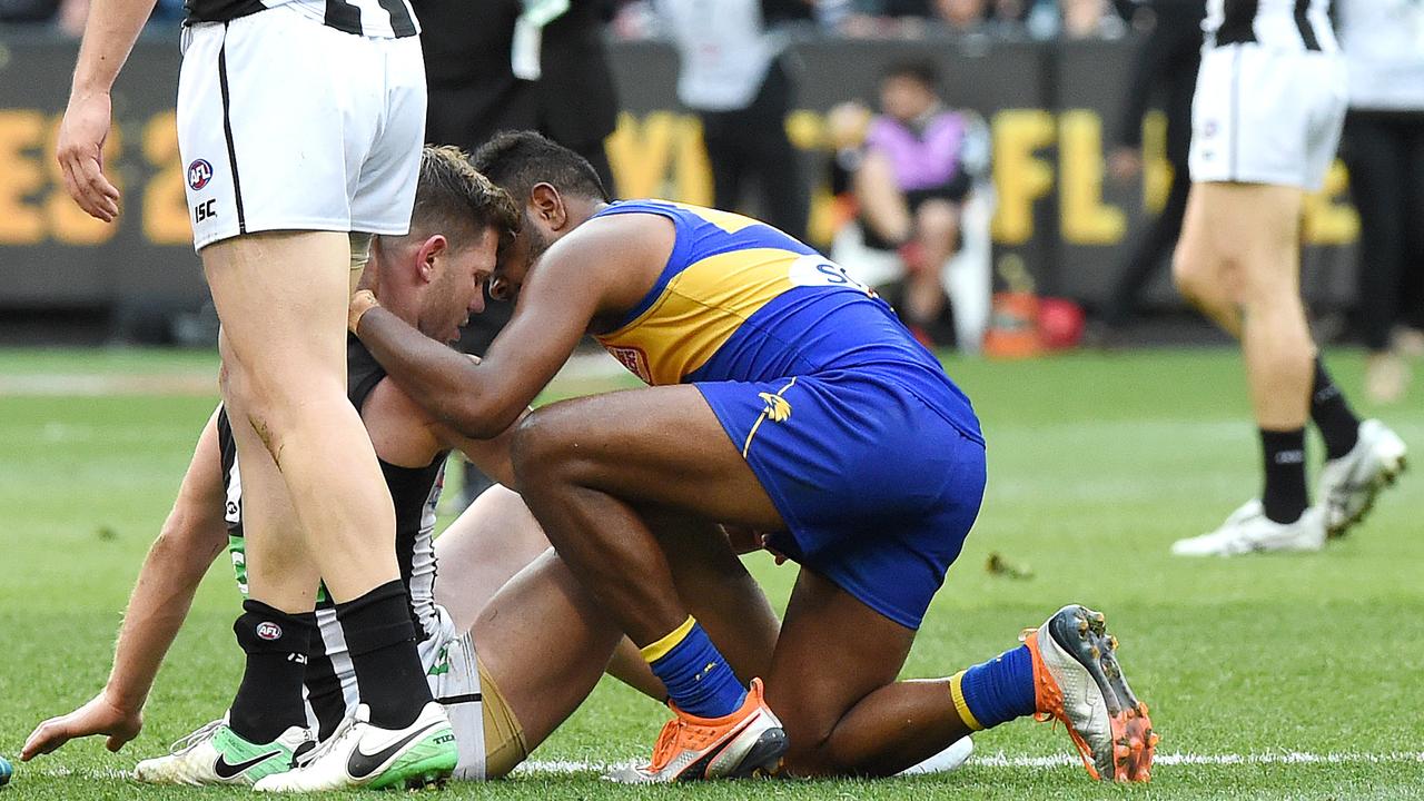 Wille Rioli from West Coast showed great sportsmanship after the game speaking to the Collingwood players as his teammates celebrated the win. Photo: Nicole Garmston.