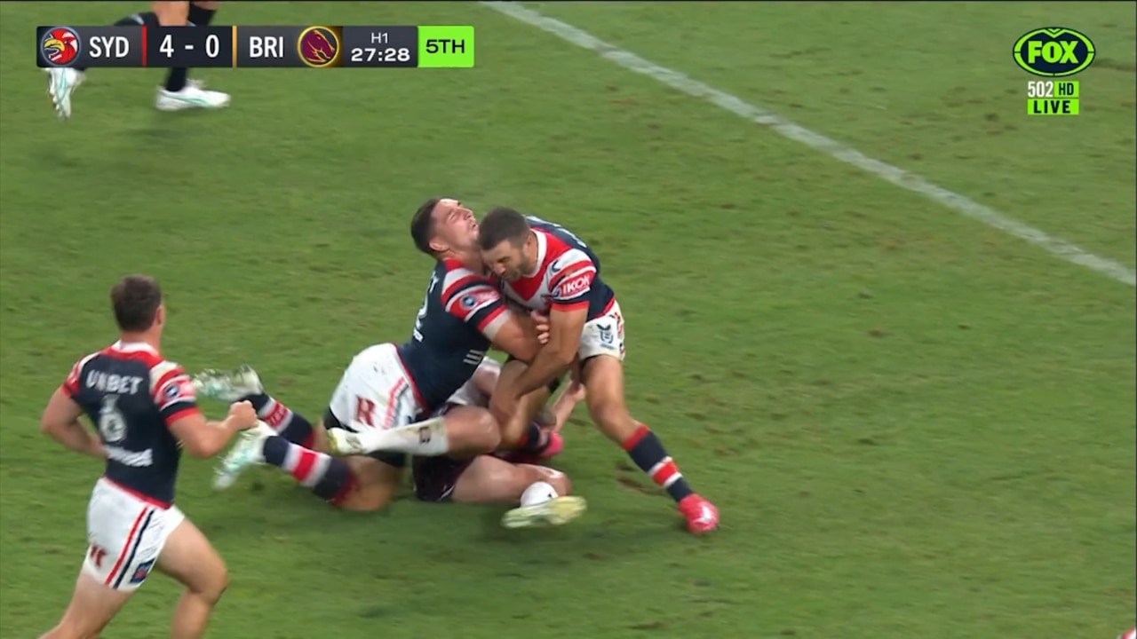 Roosters enforcer Victor Radley was concussed in a nasty clash on Thursday night. Image: Kayo