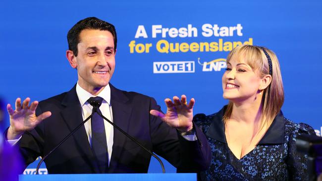 LNP leader David Crisafulli and his wife Tegan during the party function in Brisbane. Picture: NewsWire/Tertius Pickard