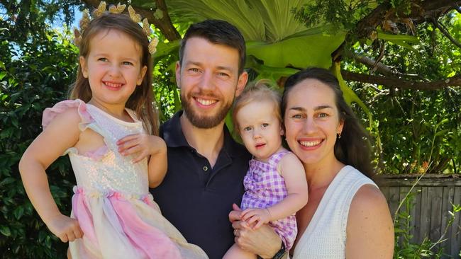 Fiona Shepheard and Valli Einarsson with their daughters Eva Valdimarsdottir, 21 months, and Emilia Valdimarsdottir, 3 years, who both contracted RSV in late 2024. Picture: Supplied