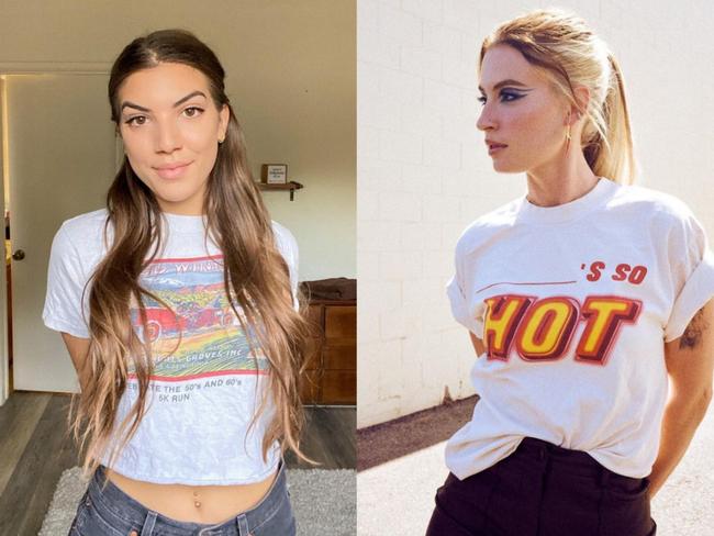 Left: Shannon Beveridge’s new girlfriend, and the subject of Fletcher’s song, Becky Missal. Right: Cari Fletcher wearing a promotional T-shirt. Pictures: Instagram