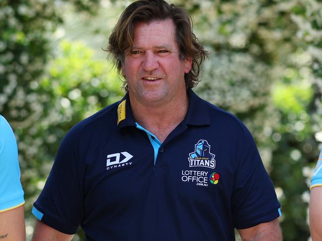 GOLD COAST, AUSTRALIA - NOVEMBER 03: Head Coach Des Hasler and players Jayden Campbell and Beau Fermor during a Gold Coast Titans Media Opportunity at The Club at Parkwood Village on November 03, 2023 in Gold Coast, Australia. (Photo by Chris Hyde/Getty Images)