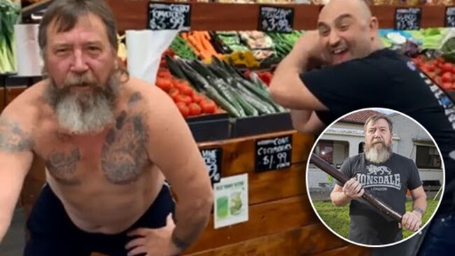 Kym "Didgeridoo Man" Abrook and St Bernards Fruit and Veg Market owner John Kapiris. Picture: Facebook/St Bernards Fruit and Veg Market. Inset: Kym Abrook with his didgeridoo at his Fulham Gardens home. Picture: Simon Cross