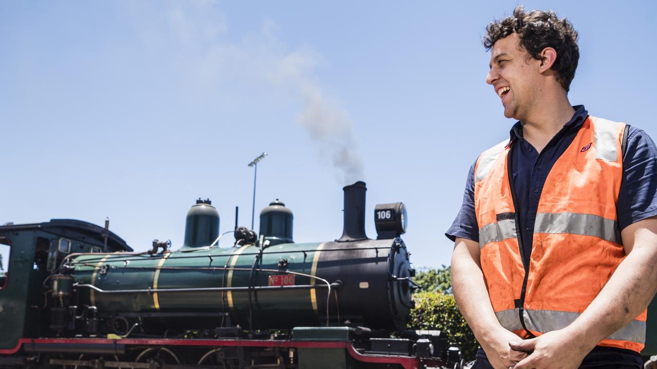 Andrew Caldwell with the Pride of Toowoomba steam engine at DownsSteam Tourist Railway and Museum Super Christmas Saturday, Saturday, December 9, 2023. Picture: Kevin Farmer