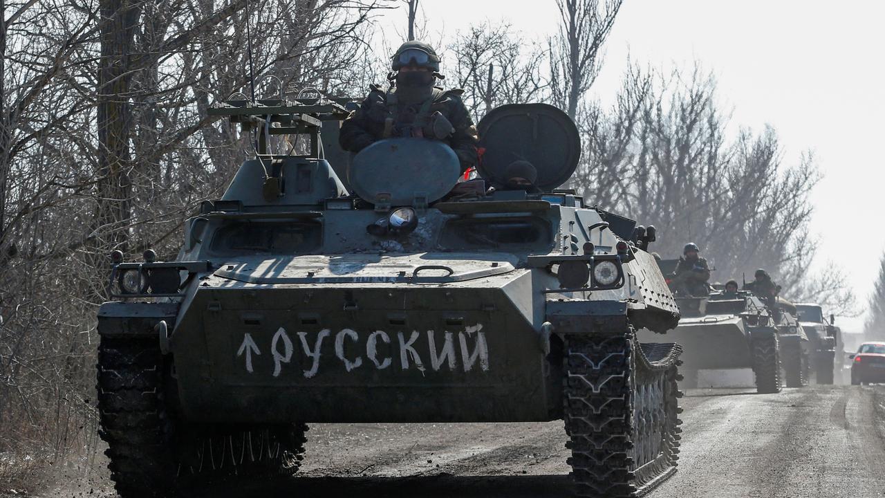 A Russian convoy outside Volnovakha on Saturday. Picture: Reuters/Alexander Ermochenko