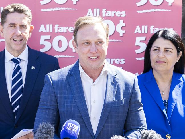 Premier Steven Miles, Deputy Premier Cameron Dick and Minister Grace Grace at Bowen Hills Train Station, Monday, September 16, 2024 - Picture: Richard Walker