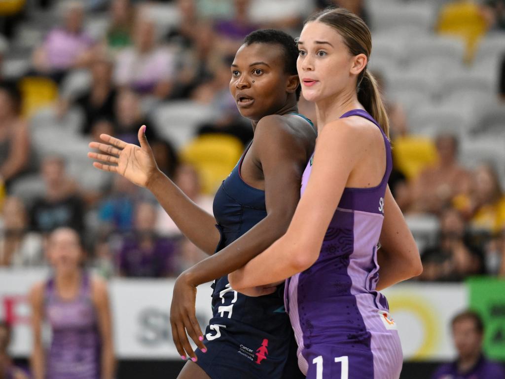 Isabelle Shearer debuts for the Firebirds during the 2023 Team Girls Cup match between Melbourne Vixens and Queensland Firebirds at Gold Coast Sports and Leisure Centre on February 25, 2023 in Gold Coast, Australia. (Photo by Matt Roberts/Getty Images)