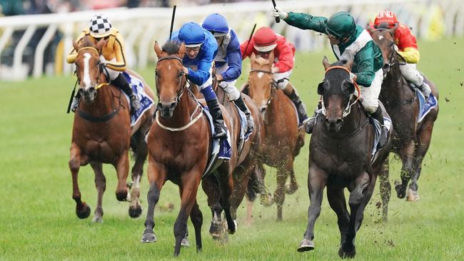 Jockey Dwayne Dunn rides Exceedance to victory in race 6 of Derby Day at Flemington Racecourse in Melbourne last year. Picture: AAP