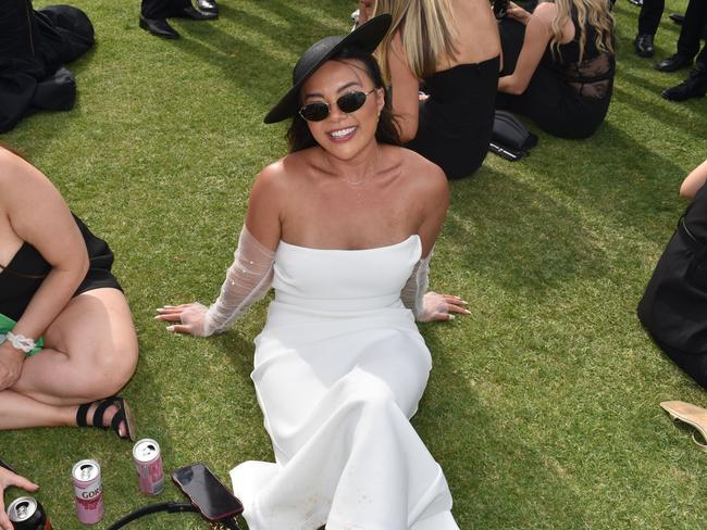 Guests in striking racewear at Penfolds Derby Day at the Flemington Racecourse on Saturday, November 02, 2024: