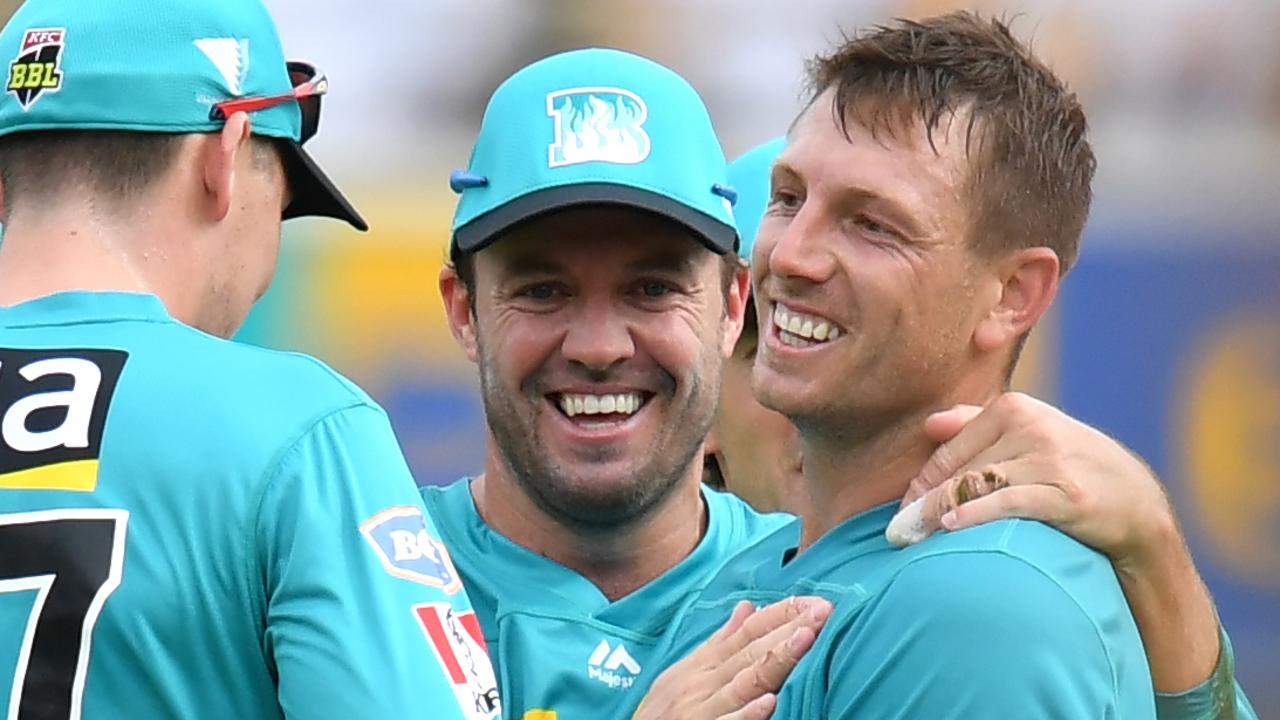 AB de Villiers congratulates James Pattinson on his five-wicket haul.