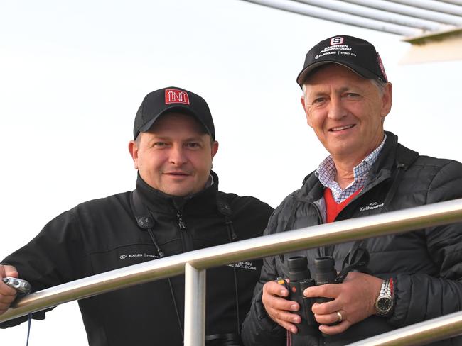Redzel trainers Peter (right) and Paul Snowden are seen during trackwork at Royal Randwick Racecourse in Sydney, Monday, October 14, 2019. (AAP Image/Simon Bullard) NO ARCHIVING, EDITORIAL USE ONLY