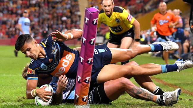 Jesse Arthars was denied tries with both his first and second touches during his NRL debut for Gold Coast. Picture: Bradley Kanaris