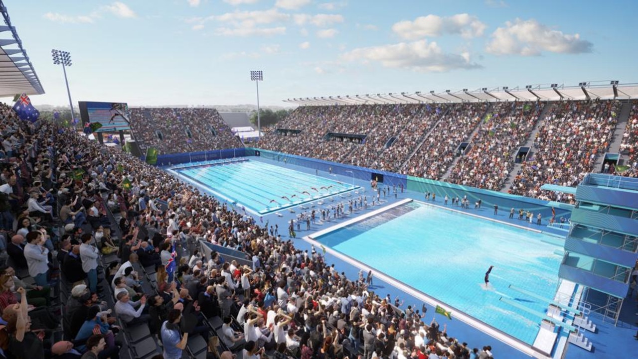 Renders of the proposed Commonwealth Games pool at Armstrong Creek, before the event was scrapped.