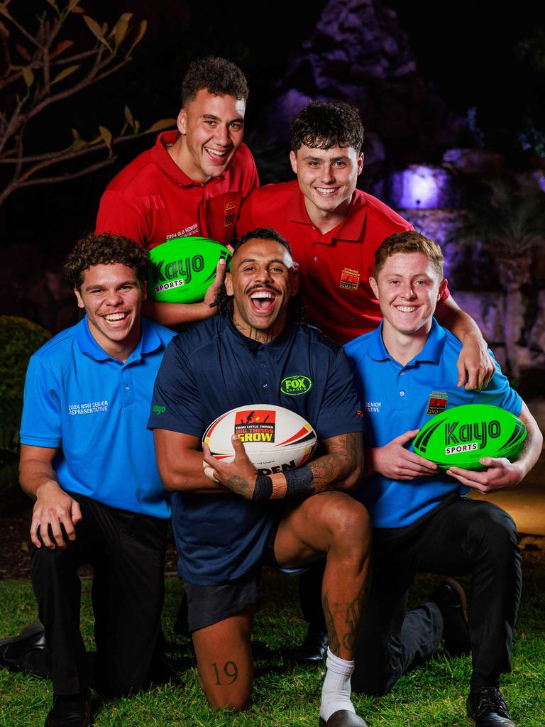 Josh Addo-Carr, with Clontarf Origin captains and vice captains, Zailen Campbell-Cooke, Dane Ransom and Braelan Marsh and Tye Bursill, at Canterbury League Club, today. Picture: Justin Lloyd.