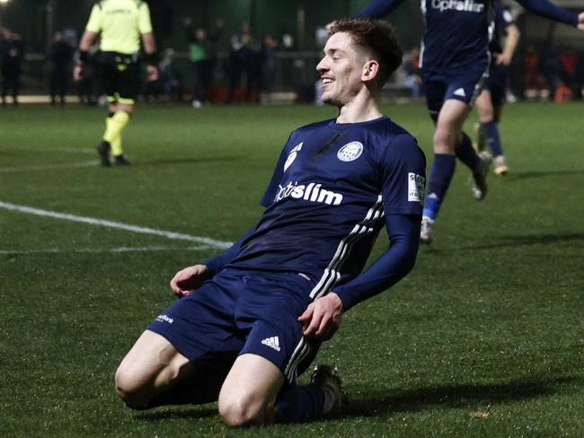 MELBOURNE, AUSTRALIA - JULY 30: Emlyn Wellsmore of Oakleigh Cannons FC celebrates scoring a goal during the 2024 Australia Cup Round of 32 match between Oakleigh Cannons FC and Sydney FC at Home of the Matildas on July 30, 2024 in Melbourne, Australia. (Photo by Daniel Pockett/Getty Images)