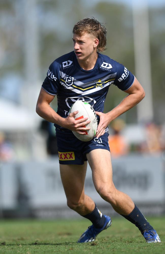 Cowboys playmaker Jaxon Purdue on club debut against the Broncos in a 2024 NRL trial match in his hometown, Mackay. Picture: Scott Davis