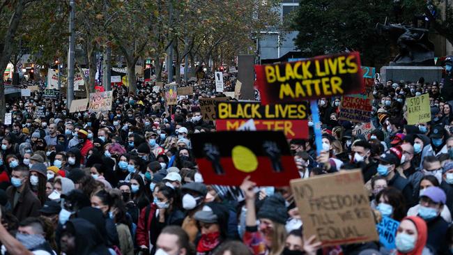 Demonstrators at a Black Lives Matter protest in Melbourne. Picture: AFP