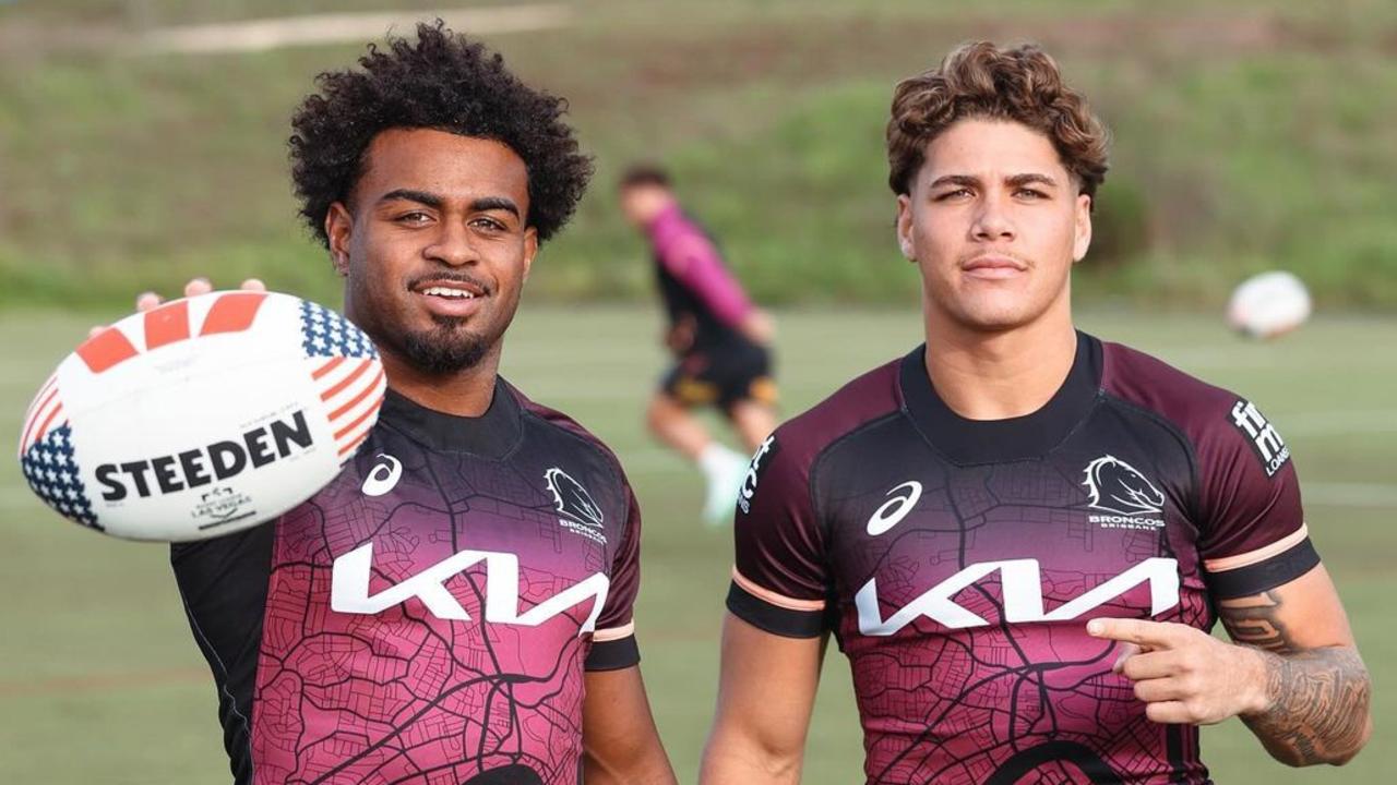 Brisbane Broncos players pictured during their first training session at the LA Rams home training centre they are using ahead of the opening round of the NRL session launching in Las Vegas - Ezra Mam and Reece Walsh Picture Instagram @brisbanebroncos