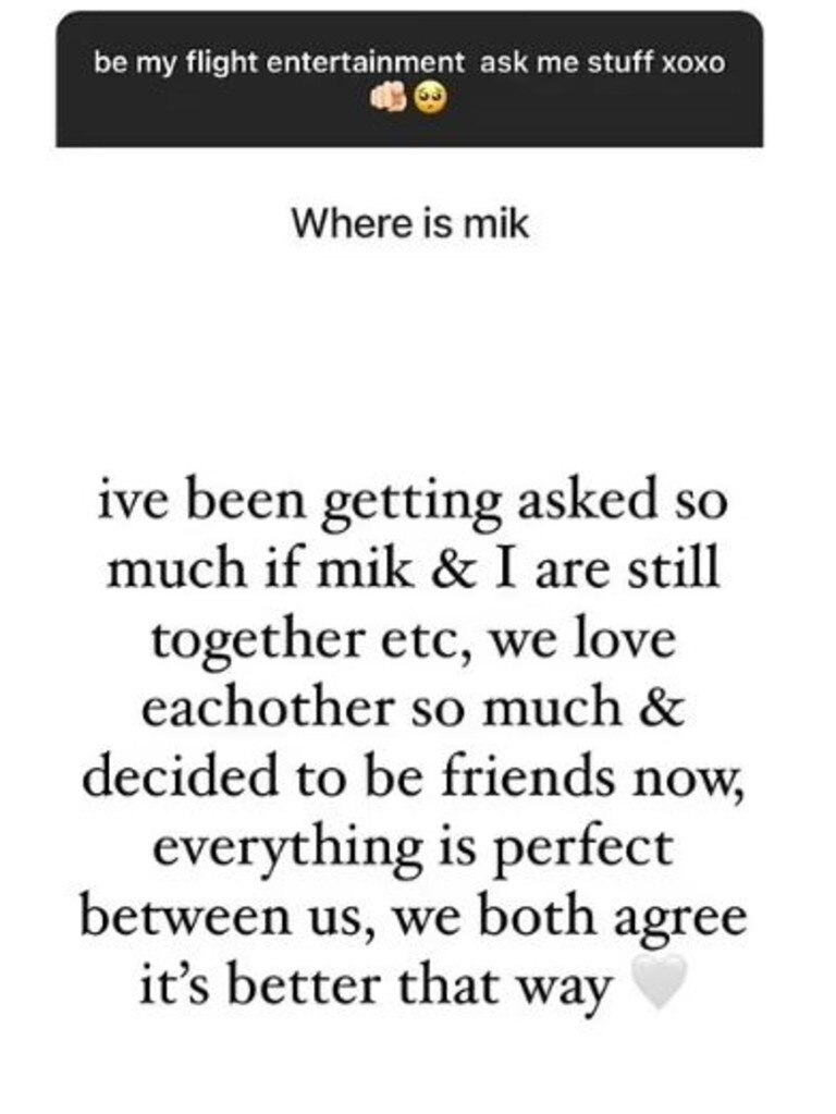 Paul was the first to address the break-up during an Instagram Q&amp;A on a flight to Europe. Picture: Instagram