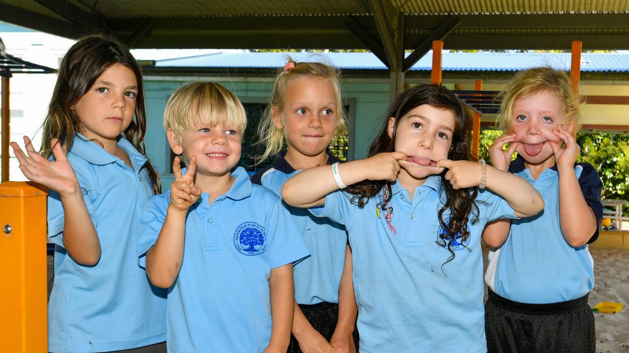 Newrybar Public School kindergarten 2023, from left: Kiara, Remi, Doris, Lexi, and Daisy.