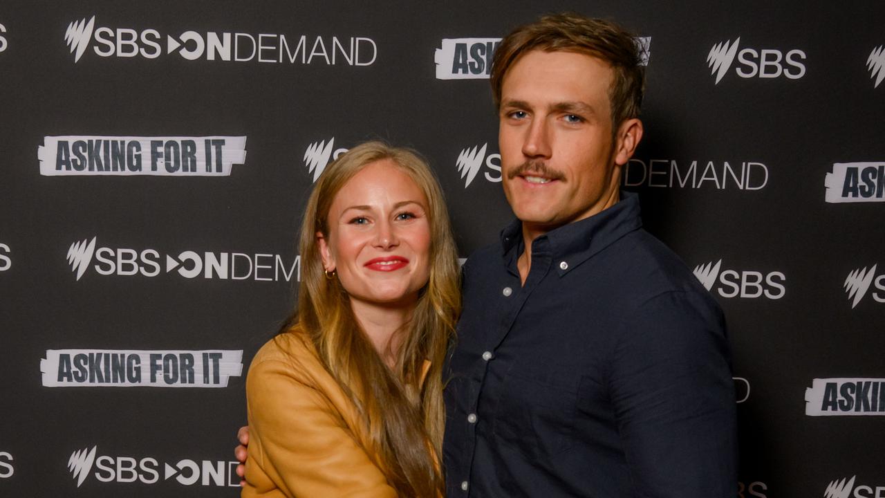 Grace Tame attends the 'Asking For It' premiere with fiance Max Heerey. Picture: SBS