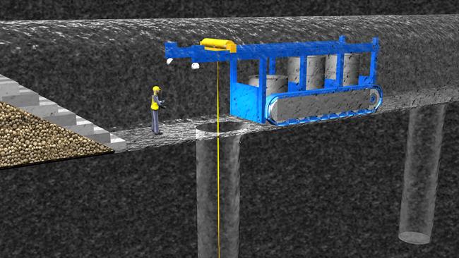 A computer image showing a hole being prepared in the tunnel network with bentonite clay before inserting a copper-clad metal canister, containing used nuclear fuel.