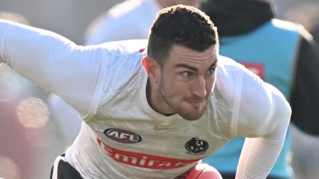 MELBOURNE, AUSTRALIA - JULY 03: Daniel McStay of the Magpies in action during a Collingwood Magpies AFL training session at Olympic Park Oval on July 03, 2024 in Melbourne, Australia. (Photo by Daniel Pockett/Getty Images)