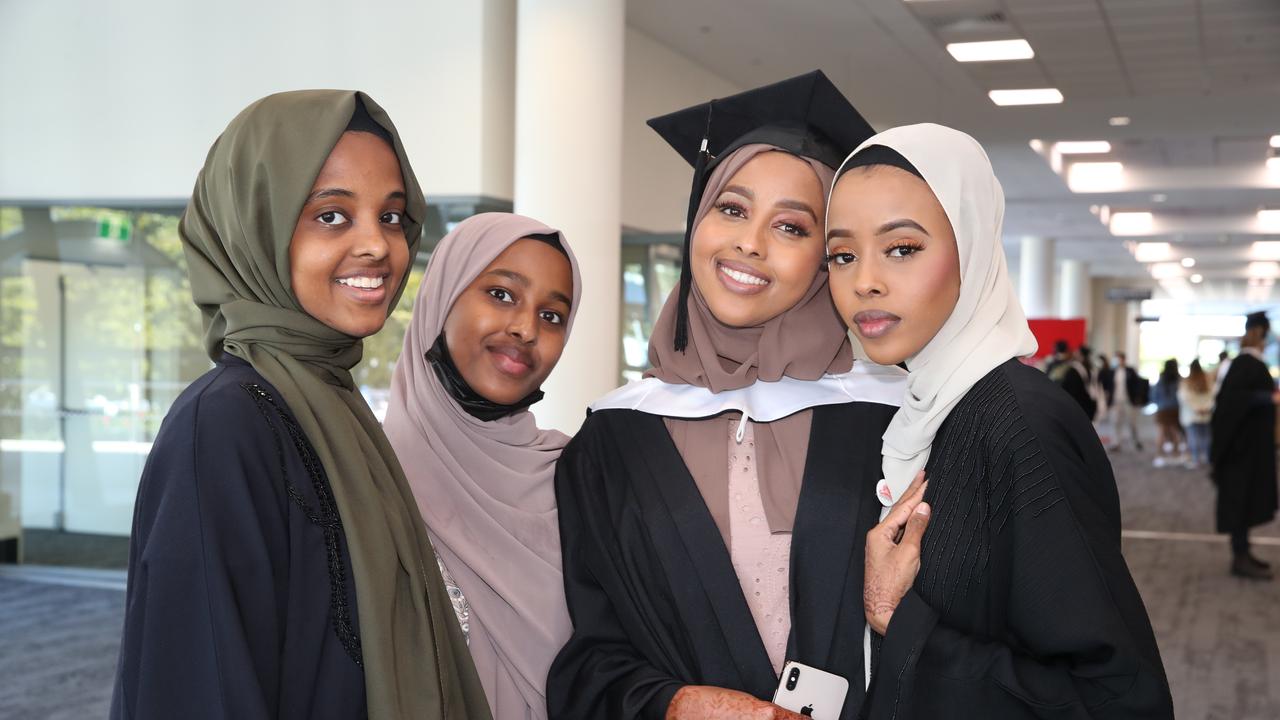 Griffith business school graduation at Gold Coast Convention Centre. Nimo Afjar, Hibo Afjar, Hamdi Afjar and Shukri Afjar. Picture Glenn Hampson