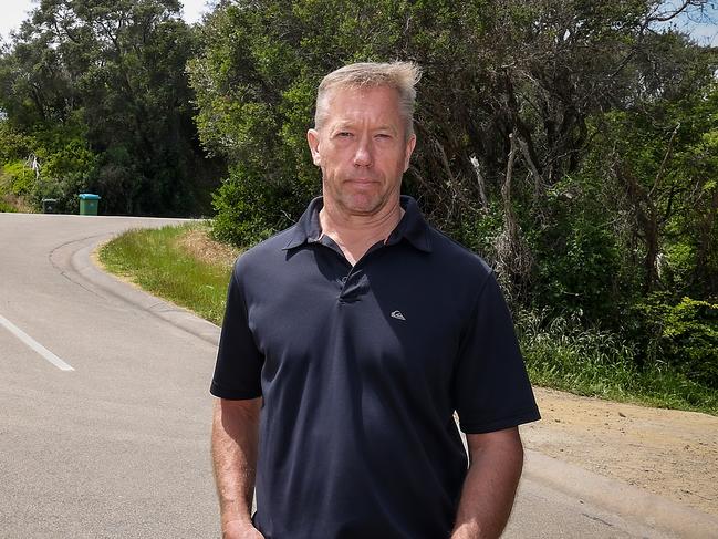 Peter Meuleman at the crash site on the corner of Melbourne Road and Ridley Street in Blairgowrie where his son Ryan who was a teenager in 2013, was involved in a collision on his bike with the car of then opposition leader Dan Andrews which was being driven by his wife Cath Andrews. Picture: Ian Currie