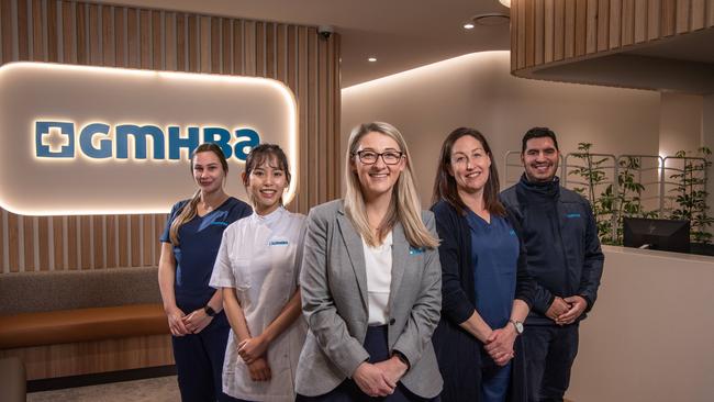 A new GMHBA medical hub is opening in Belmont. L-R Dental assistant Krystal Sutherland, dentist Vianna Neal, practice manager Tania Dalton, practice nurse Mel West and dentist Thiago Rossi. Picture: Brad Fleet