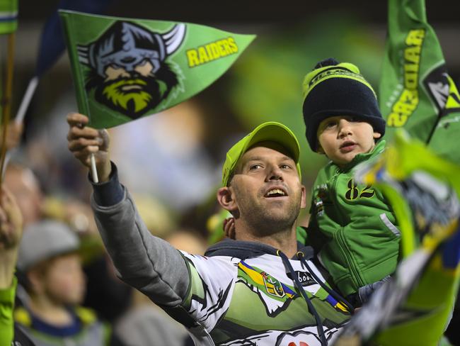 Raiders fans react during the NRL Preliminary Final match between the Canberra Raiders and South Sydney Rabbitohs at GIO Stadium in Canberra, Friday, September 27, 2019. (AAP Image/Lukas Coch) NO ARCHIVING, EDITORIAL USE ONLY