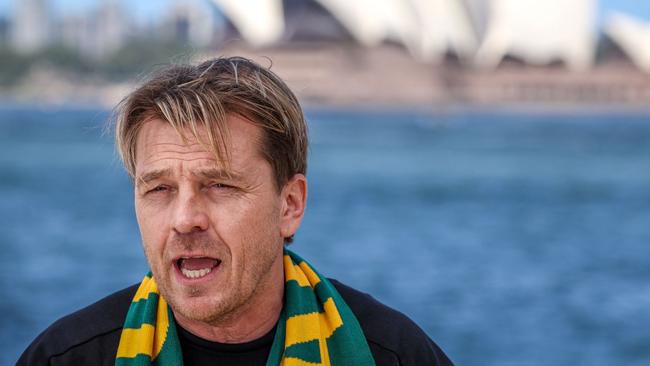 Tony Gustavsson, head coach of the Australian womenâs soccer team, also known as the Matildas, speaks about Sam Kerr during a media conference in front of the Sydney Opera House on March 5, 2024. Football star Sam Kerr faces a trial in England after pleading not guilty to a racially aggravated offence against a London police officer, prosecutors said. (Photo by DAVID GRAY / AFP)