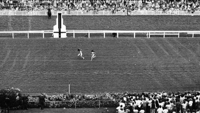 Streakers at the Randwick races crossing the finish line ahead of horses in 1974.