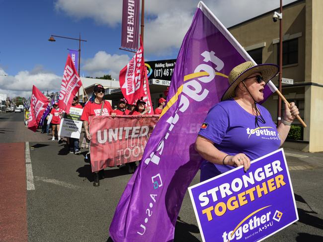 Ingrid Powderham marches with the Together union in the Toowoomba Labour Day March, Saturday, May 3, 2025. Picture: Kevin Farmer