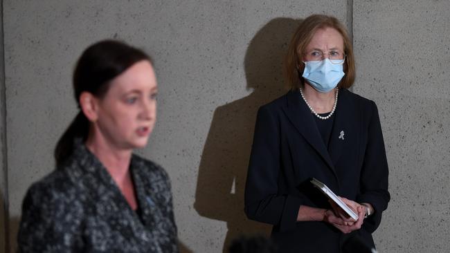 Health Minister Yvette D'Ath and Chief Health Officer Dr Jeannette Young at a press conference on Tuesday morning. Picture: NCA NewsWire / Dan Peled