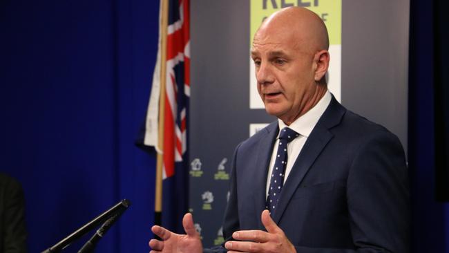 Premier Peter Gutwein speaks to the media at a briefing about Covid-19 restrictions in Hobart on Wednesday, May 26, 2021.