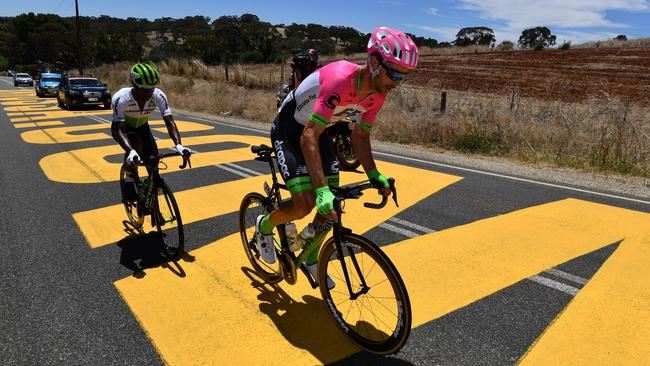 Will Clarke leads the breakaway during stage 1 of the Tour Down Under from Port Adelaide to Lyndoch. Picture: AAP Image