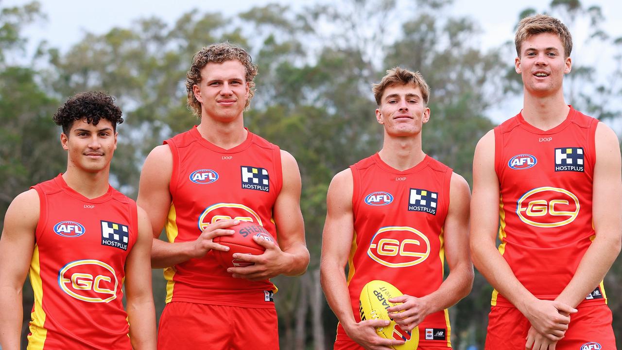 Gold Coast Suns 2023 draftees (L-R) Jake Rogers, Jed Walter, Will Graham and Ethan Read. Picture: Chris Hyde / Getty Images