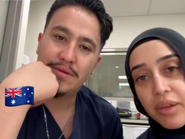 NSW government officials are investigating after nurses at Bankstown Hospital, Rashad Nadir and Sarah Abu Lebdeh, wearing their NSW Health uniforms were filmed declaring they refuse to treat Israeli people and would "kill them" if they present to their ward. Picture: NewsWire Handout