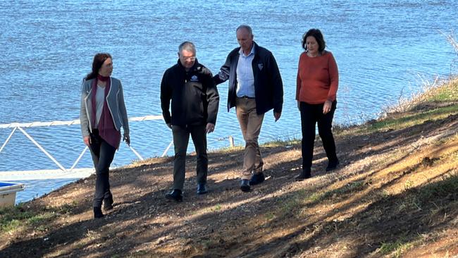 Left: Tweed Shire Mayor Chris Cherry, Minister Emergency Services Murray Watt, Richmond Valley Mayor Robert Mustow and Ballina Shire Mayor Sharon Cadwallader by the Richmond River near Coraki to discuss funding for projects under the Northern Rivers Recovery and Resilience Program.