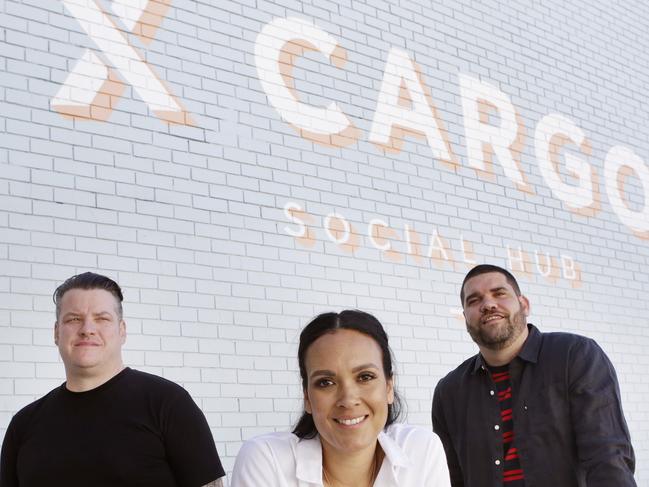 L-R Angus Cattanach, Leah Cattanach and Aydan Sturgess at their new Fortitude Valley foodie precinct XCargo for Kitchen confidential.  July,11 2018.  (Photo AAP/Megan Slade)