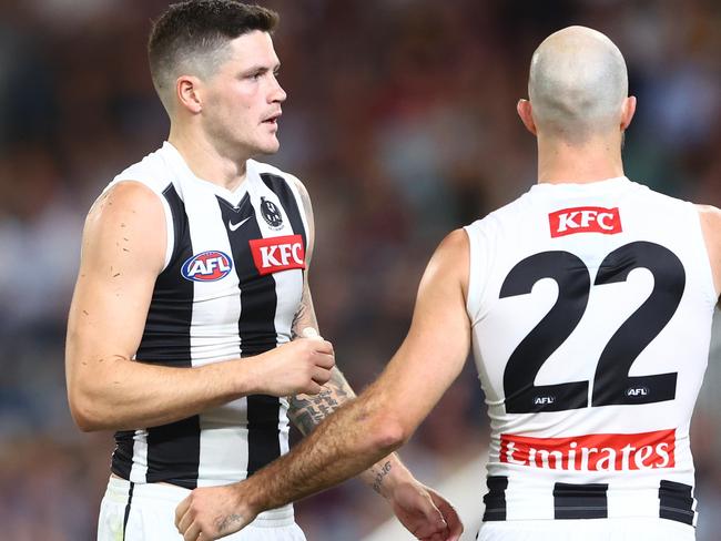 BRISBANE, AUSTRALIA - APRIL 06: Jack Crisp of the Magpies looks on during the round four AFL match between Brisbane Lions and Collingwood Magpies at The Gabba, on April 06, 2023, in Brisbane, Australia. (Photo by Chris Hyde/AFL Photos/via Getty Images )